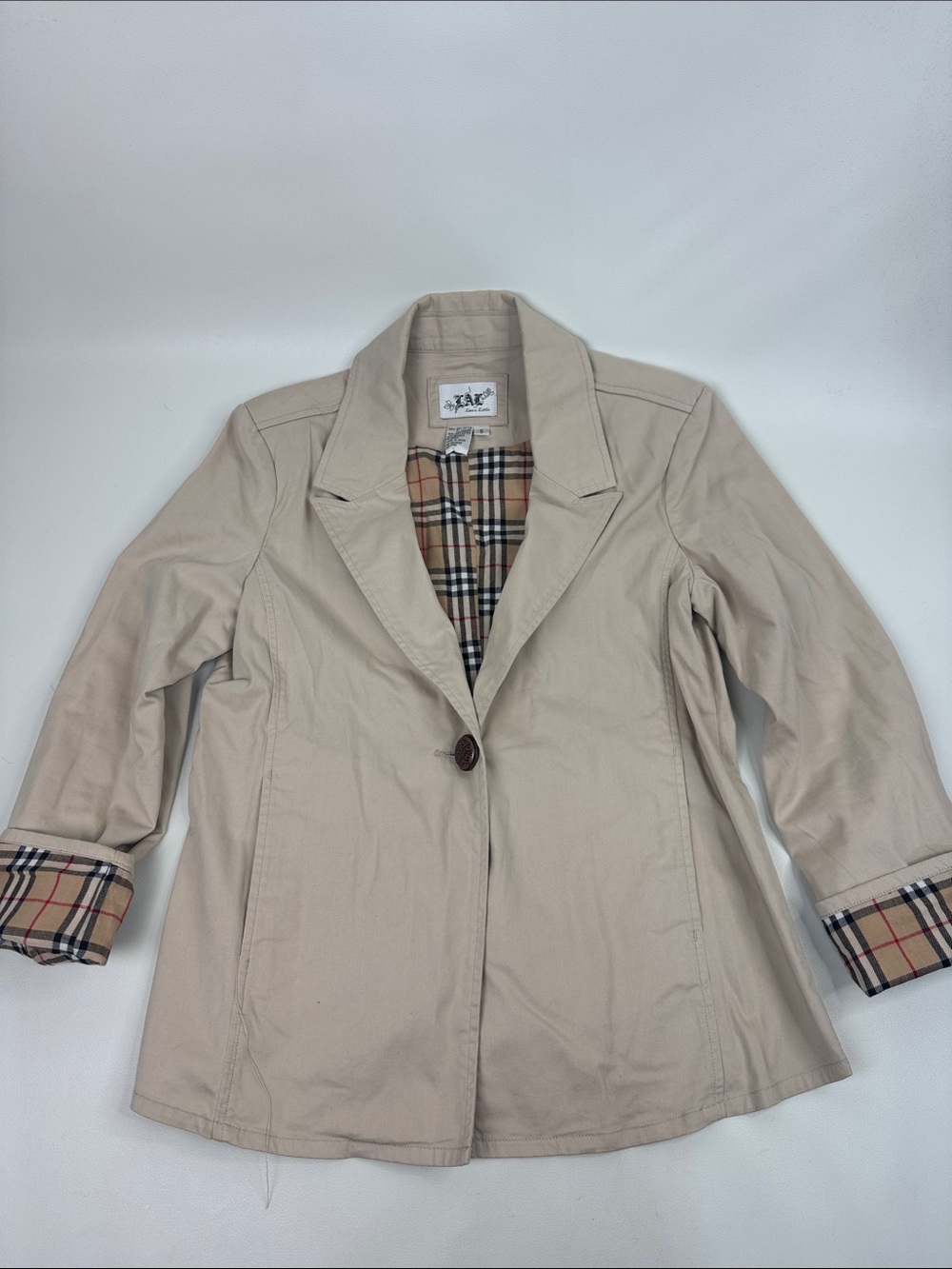 Beige Single-Button Blazer jacket designer like Plaid Lining & cuffs Small